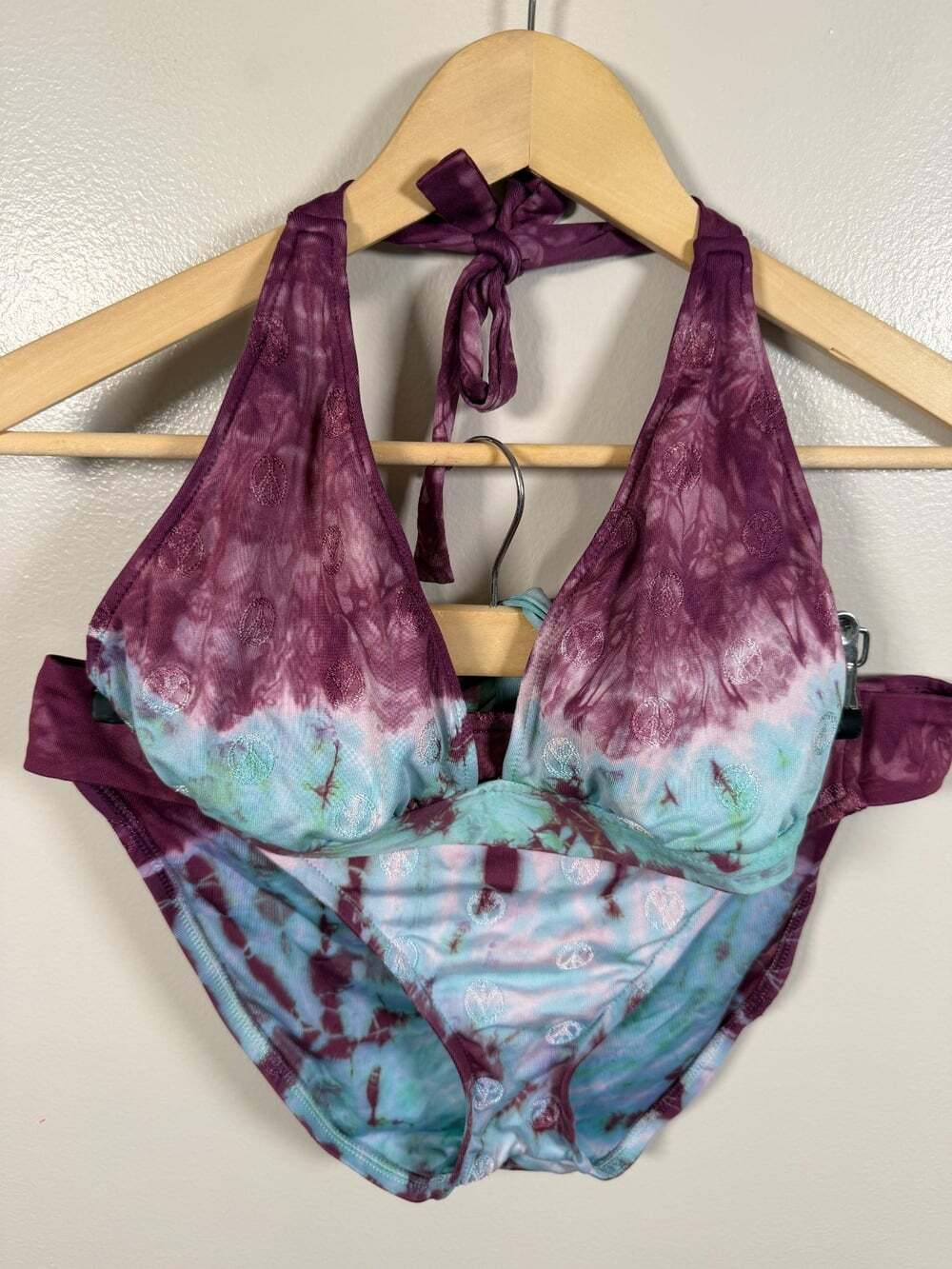 Lucky Brand Y2K Peace Sign Halter Bikini Set Large Purple Teal Tie Dye Hippie